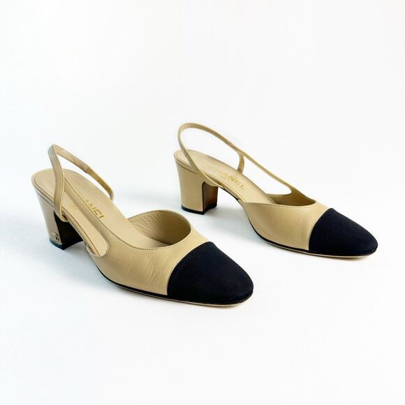 CHANEL Beige & Black Cap Toe Slingback Heels 39 US 8.5 CC Logo Almond Toe - Picture 3 of 14